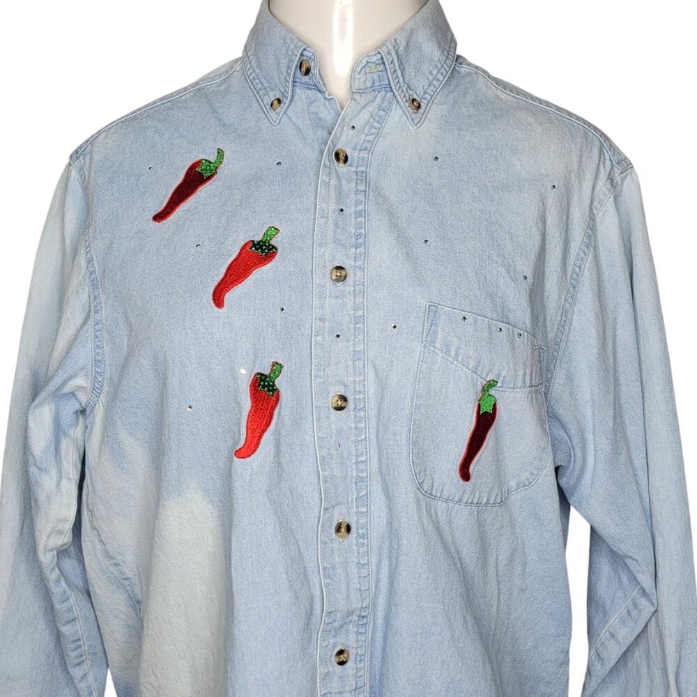 Vintage Jerzees Denim Button-Up Shirt M Red Chili Peppers Rhinestones